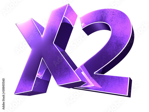 x2 purple isolated on white background illustration 3D rendering with Clipping Path.