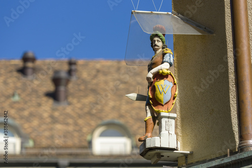 statue of a warrior on the corner of a house in Vevey, Switzerland