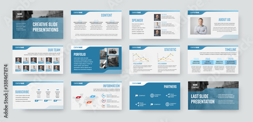 Slide presentation template for use in annual report, business analytics, document layout.