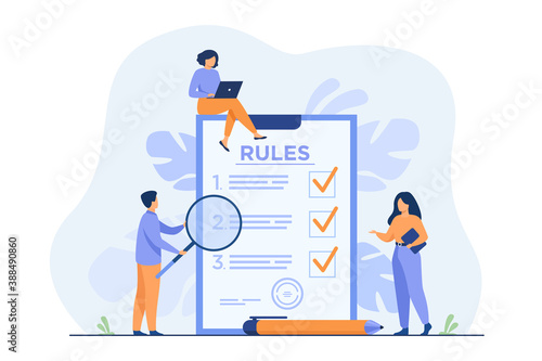 Business people studying list of rules, reading guidance, making checklist. Vector illustration for company order, restrictions, law, regulations concept