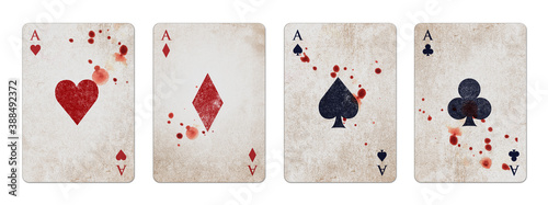 Poker card aces on aged vintage background, splattered with blood, isolated on white background