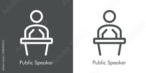 Logotipo con texto Public Speaker. Icono lineal hombre en podio con micrófonos en fondo gris y fondo blanco