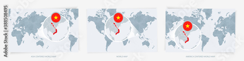 Three versions of the World Map with the enlarged map of Vietnam with flag.