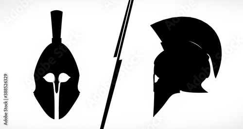 2 views (front and side) of a flat ancient Spartan helmet isolated, flat illustration, Ideal for logo creations