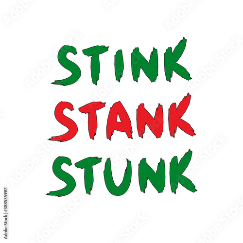 Stink Stank Stunk vector concept on white. Red and green lettering isolated. Bad feedback or negative review.