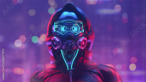 Fashion cyberpunk girl in leather hoodie jacket wears gas mask with protective glasses, filters. Colorful 3d render of human skull with cross in eyes, glowing green wires on night light bokeh in city.