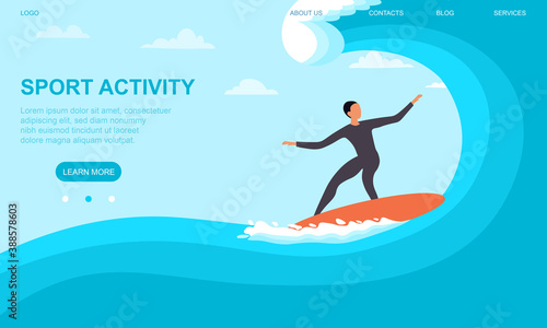 Young sportswoman surfing in sea or ocean. Sport activity concept. Internet and mobile website. Landing page or web page template. Easy to edit and customize. Flat cartoon vector illustration