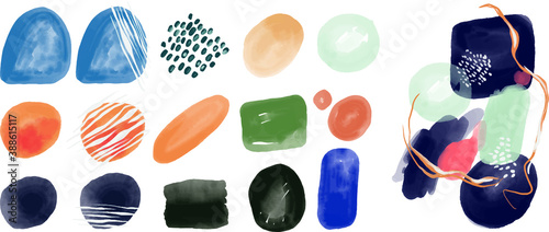 Vector set of abstractions. Various pictorial elements. Brushes, paints, colors, lines. Abstract painting. Bright juicy colors and a lot of textures. 
