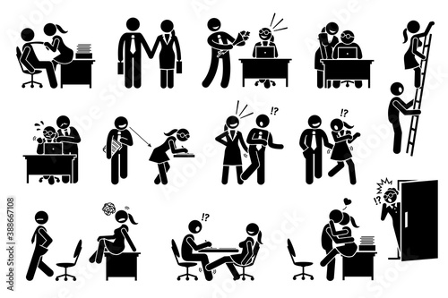 Office love affair and flirting relationship between co workers. Vector illustration of company employee seducing other colleague and sexual harassment in workplace.