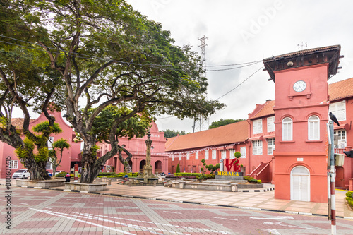 Ancient Dutch colonial buildings Christ church and Stadthuys red buildings are iconic Malacca tourism attractions. No people.