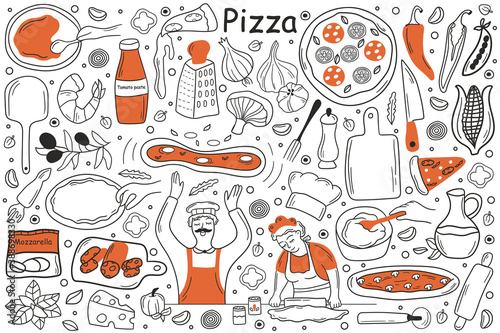Pizza doodle set. Collection of hand drawn sketches templates patterns of man cooker chef holding pepperoni in kitchen. Cooking italian cuisine for lunch and unhealthy fasfood nutrition illustration.