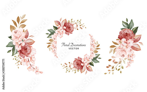 Set of watercolor floral arrangements of brown and peach roses and leaves. Botanic decoration illustration for wedding card, fabric, and logo composition
