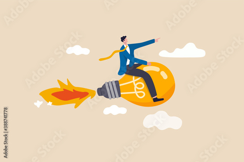 Creative new idea, innovation start up business or inspiration to achieve success goal concept, happy smart businessman leader riding flying bright lightbulb lamp with rocket booster in the cloud sky.