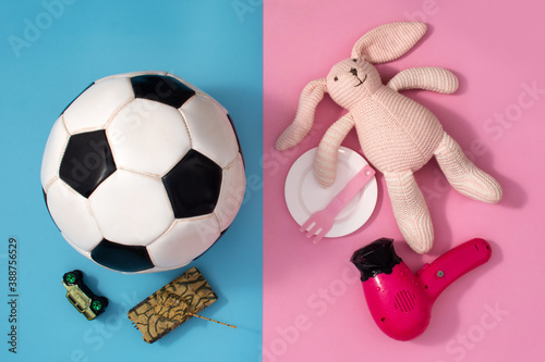 Gender stereotype toys on blue and pink background