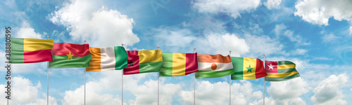 3D Illustration with national flags of the eight countries which are full member states of the West African Economic and Monetary Union (UEMOA or WAEMU)