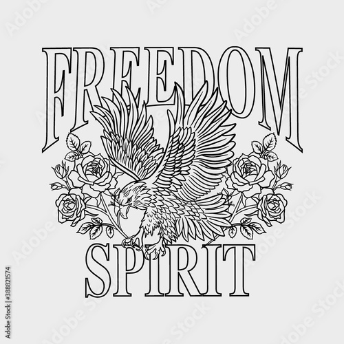 B&W Eagle with Roses and Freedom Spirit Slogan Vector Artwork on White Background for Apparel and Other Uses