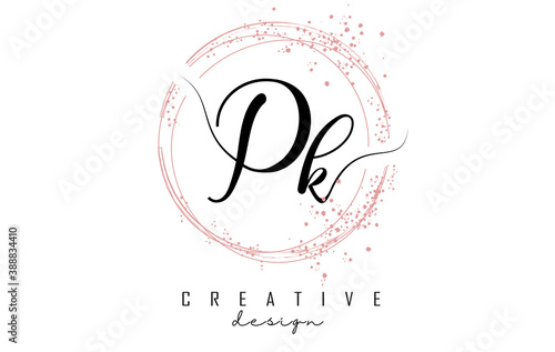 Handwritten PK P k letter logo with sparkling circles with pink glitter.