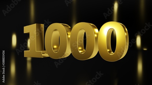 Number 1000 in gold on black and gold background, isolated number 3d render