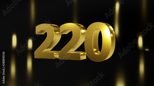 Number 220 in gold on black and gold background, isolated number 3d render