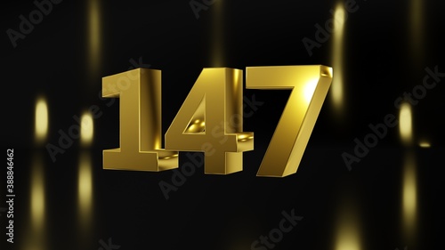 Number 147 in gold on black and gold background, isolated number 3d render