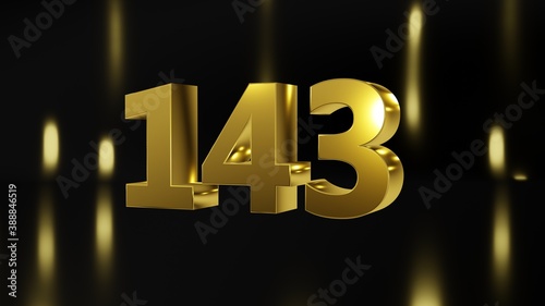 Number 143 in gold on black and gold background, isolated number 3d render