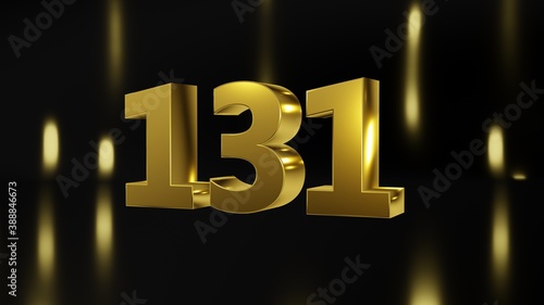 Number 131 in gold on black and gold background, isolated number 3d render