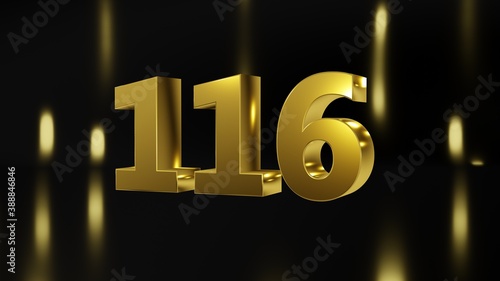 Number 116 in gold on black and gold background, isolated number 3d render