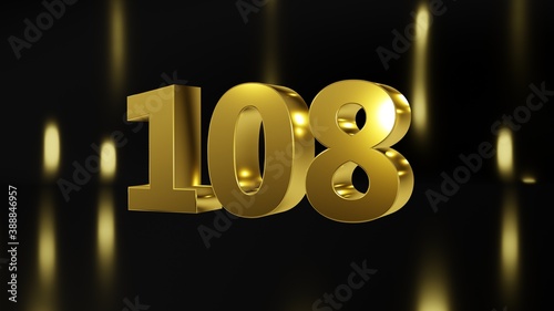 Number 108 in gold on black and gold background, isolated number 3d render