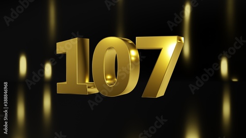 Number 107 in gold on black and gold background, isolated number 3d render