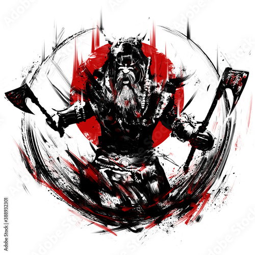 A furious bearded berserker with two axes, a stuffed wolf on his head instead of a hood, he yells furiously in front of him, against the background of the bloody sun. 2D illustration