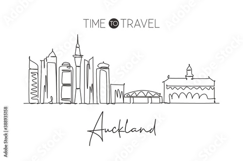 One single line drawing of Auckland city skyline, New Zealand. World historical town landscape. Best place holiday destination home decor poster. Trendy continuous line draw design vector illustration
