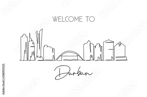 One single line drawing of Durban city skyline, South Africa. World historical town landscape wall decor poster print. Best holiday destination. Trendy continuous line draw design vector illustration