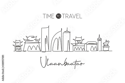 Single continuous line drawing of Ulaanbaatar city skyline, Mongolia. Famous city landscape home wall decor art poster print. World travel concept. Modern one line draw design vector illustration