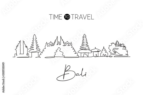 Single continuous line drawing of Bali city skyline, Indonesia. Famous city scraper landscape wall decor home art poster print. World travel concept. Modern one line draw design vector illustration
