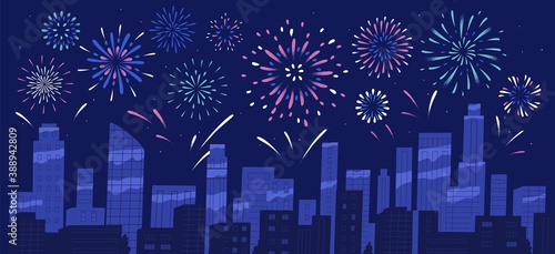 City holiday celebration panorama with bright festive firework show. Night sky of megapolis with sparkling bursting and exploding firecrackers. Flat vector cartoon colorful illustration.