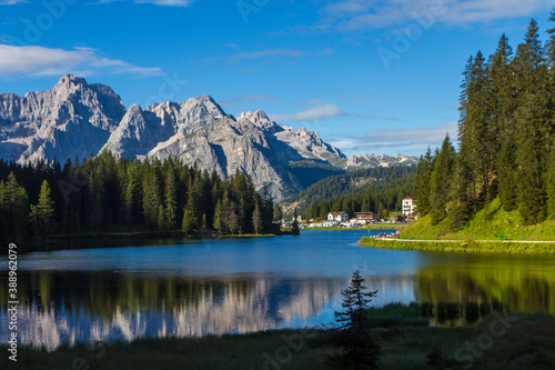 View of Misurina's lake in a clear summer's morning