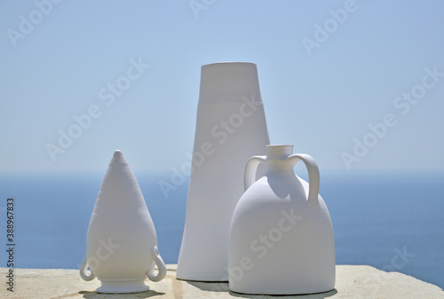 Traditional pottery from Sifnos shot on sea and sky background