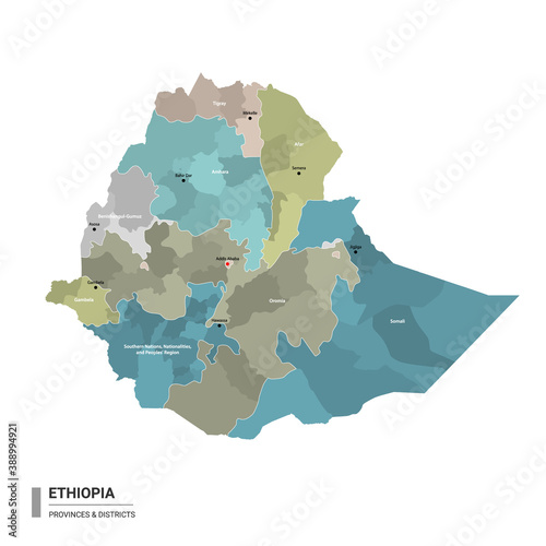 Ethiopia higt detailed map with subdivisions. Administrative map of Ethiopia with districts and cities name, colored by states and administrative districts. Vector illustration with editable and label