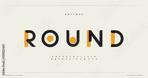 Round modern alphabet. Dropped stunning font, type for futuristic logo, headline, creative lettering and maxi typography. Minimal style letters with yellow spot. Vector typographic design