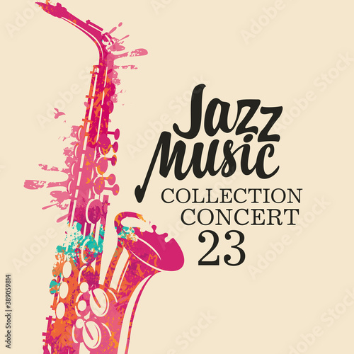 Poster for a jazz music concert with a bright abstract saxophone in form of bright spots and lettering on a light background. Suitable for vector flyer, invitation, banner, cover, advertisement