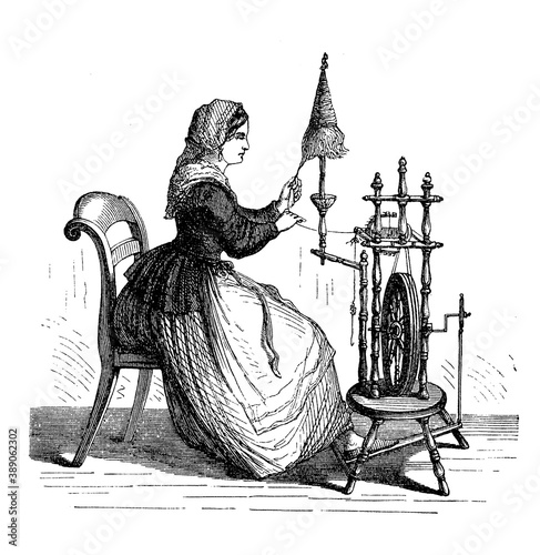 Vintage illustration of a young woman working at the spinning wheel, pulling and twisting a clump of textile fibers into a string yarn on a spindle