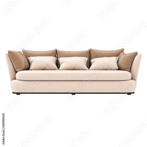 Soft sofa with pillows front view on a white background. 3d rendering