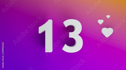 Number 13 in white on purple and orange gradient background, social media isolated number 3d render