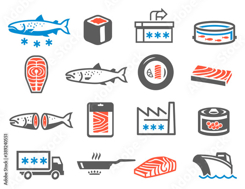 Salmon farming icon set, aquaculture and domestication of fish