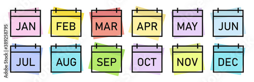 Set of calendar month icons isolated on white background. Flat design style. Vector illustration eps10.