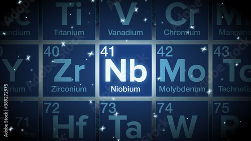 Close up of the Niobium symbol in the periodic table, tech space environment.