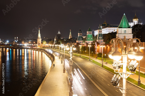 Beautiful night view of the embankment of the Moscow river and the towers of the Moscow Kremlin with illumination.