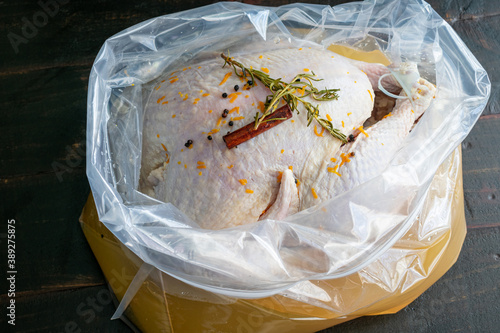 Brining a turkey in a plastic bag: A raw turkey in bourbon brine with rosemary, cinnamon sticks, black peppercorns, and orange zest