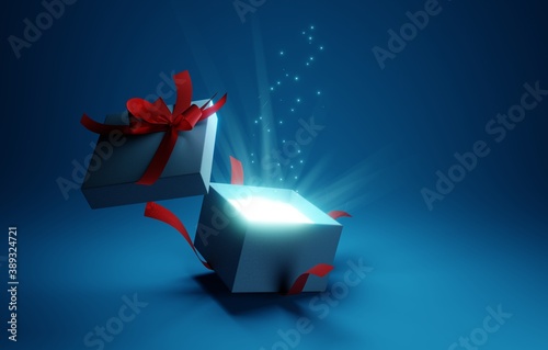 Open gift box with ray of light effect on blue background. 3d rendering