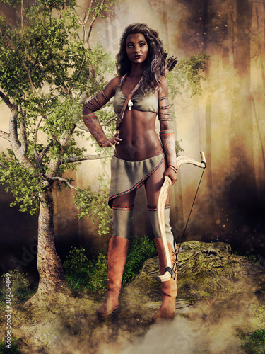 Fantasy huntress with a bow and arrows standing in a dark forest near a tree. 3D render - the woman in the image is a 3D object.